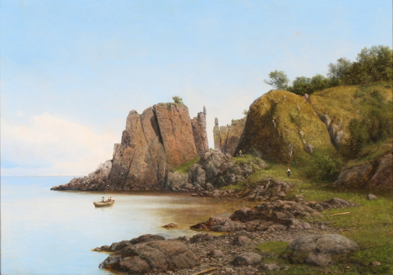 Vista di Helligdomsklipperne, Bornholm con persone in una barca a remi, 1903